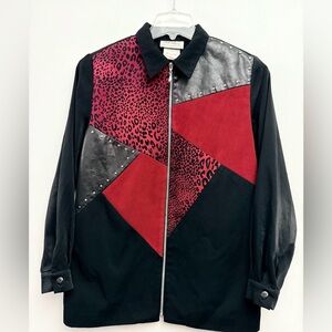 Vintage Eric Ryan Sport Red and Black Shirt Jacket with Geometric Patch Design